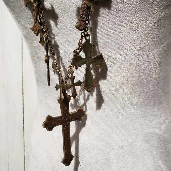 Metal Multi Cross Necklace Statement Pendants Boho Brass Bronze Gothic 36" - Picture 2 of 6